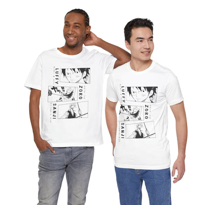 Anime-Inspired Unisex Tee with Luffy, Zoro, & Sanji Design