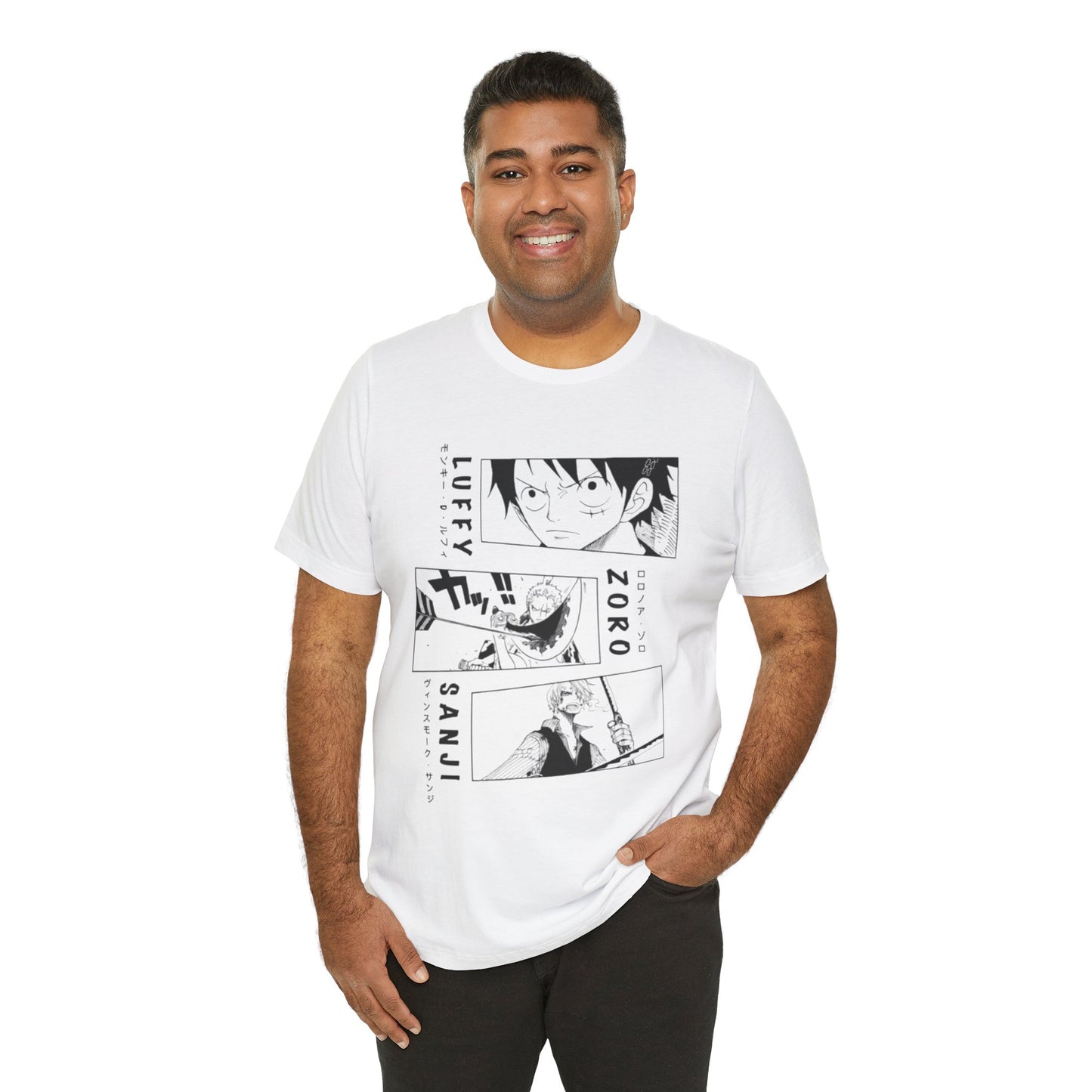 Anime-Inspired Unisex Tee with Luffy, Zoro, & Sanji Design