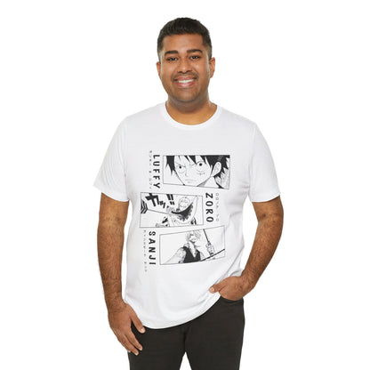 Anime-Inspired Unisex Tee with Luffy, Zoro, & Sanji Design