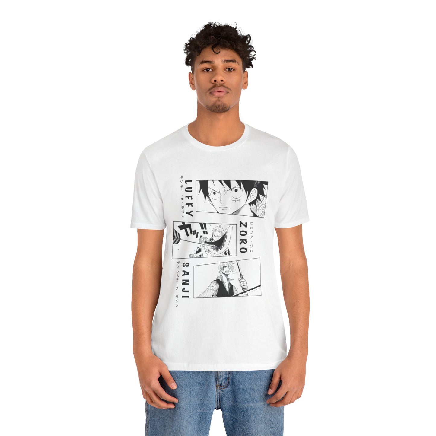 Anime-Inspired Unisex Tee with Luffy, Zoro, & Sanji Design