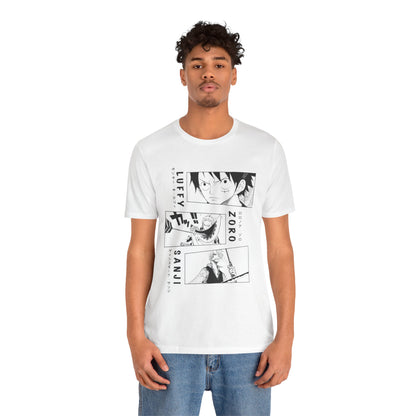 Anime-Inspired Unisex Tee with Luffy, Zoro, & Sanji Design
