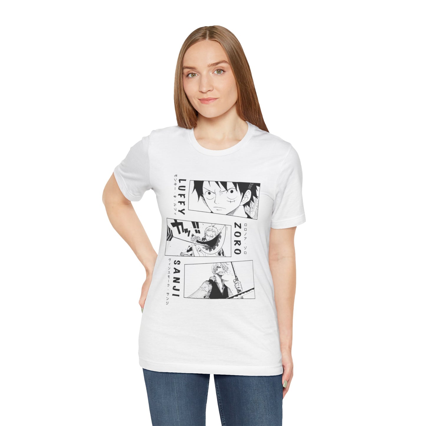 Anime-Inspired Unisex Tee with Luffy, Zoro, & Sanji Design
